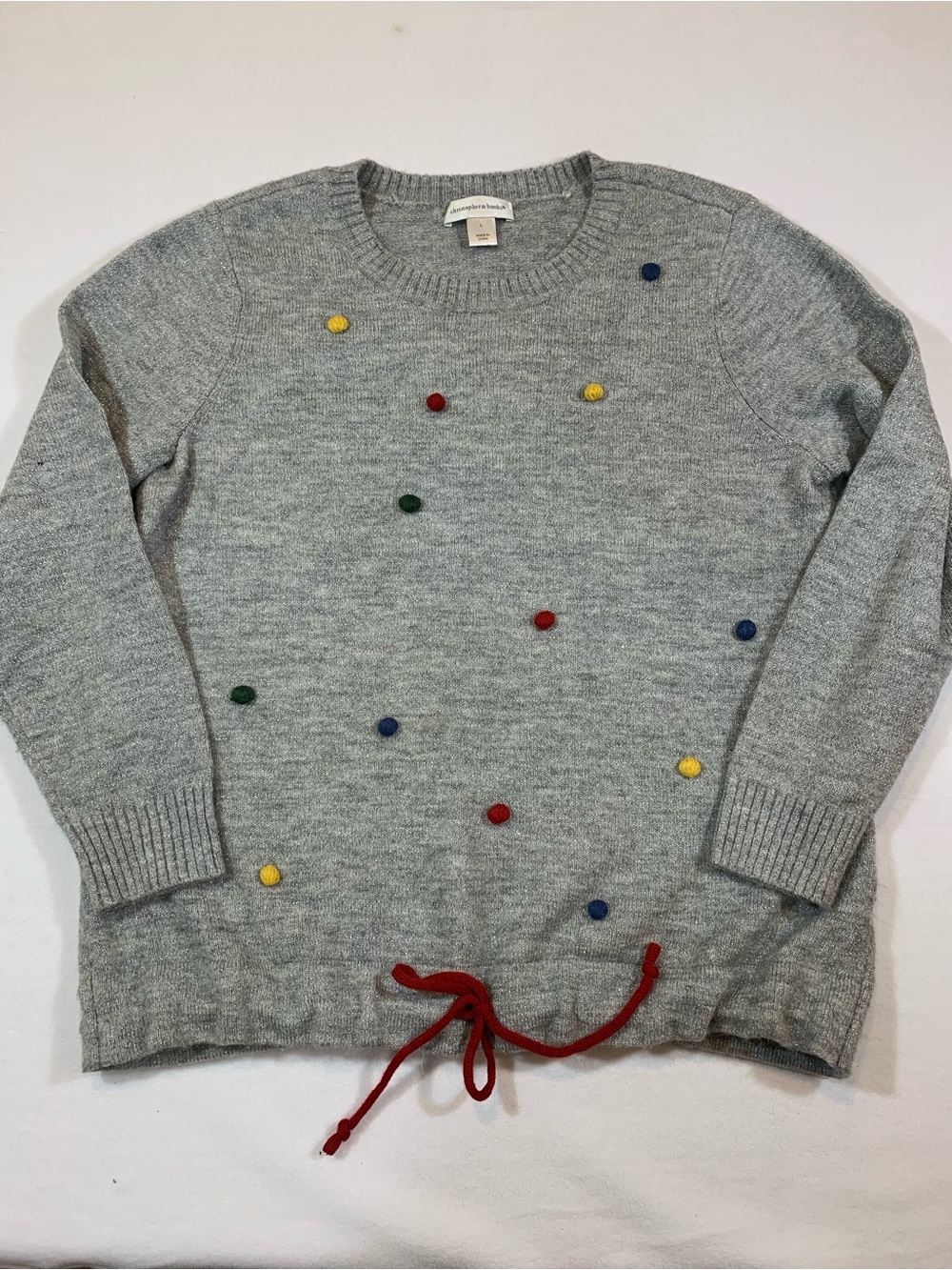 Christopher & Banks Grey Pom-Pom Sweater Large Holiday Festive Sparkly Whimsical